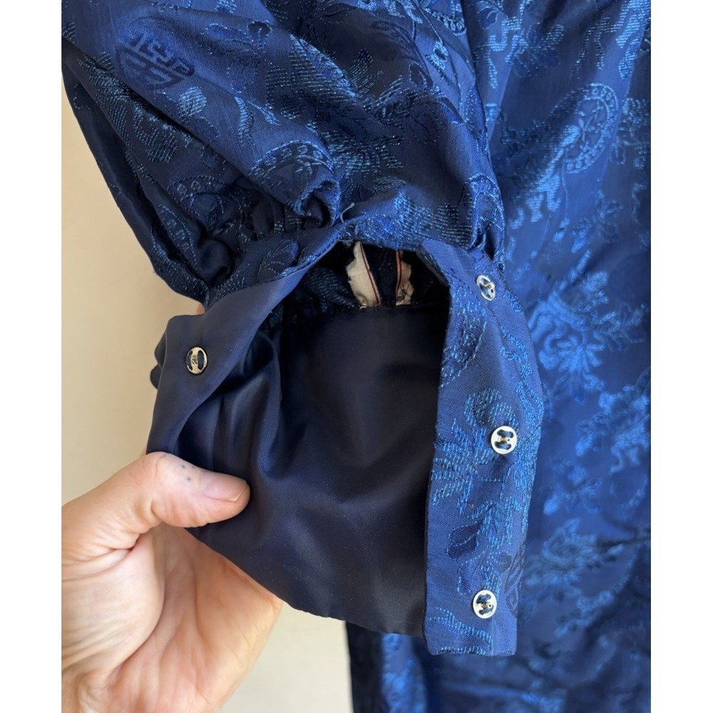 Vintage 60s 70s Handmade Navy Brocade Mini Dress XS S Gothic Victorian Regency - Picture 12 of 14